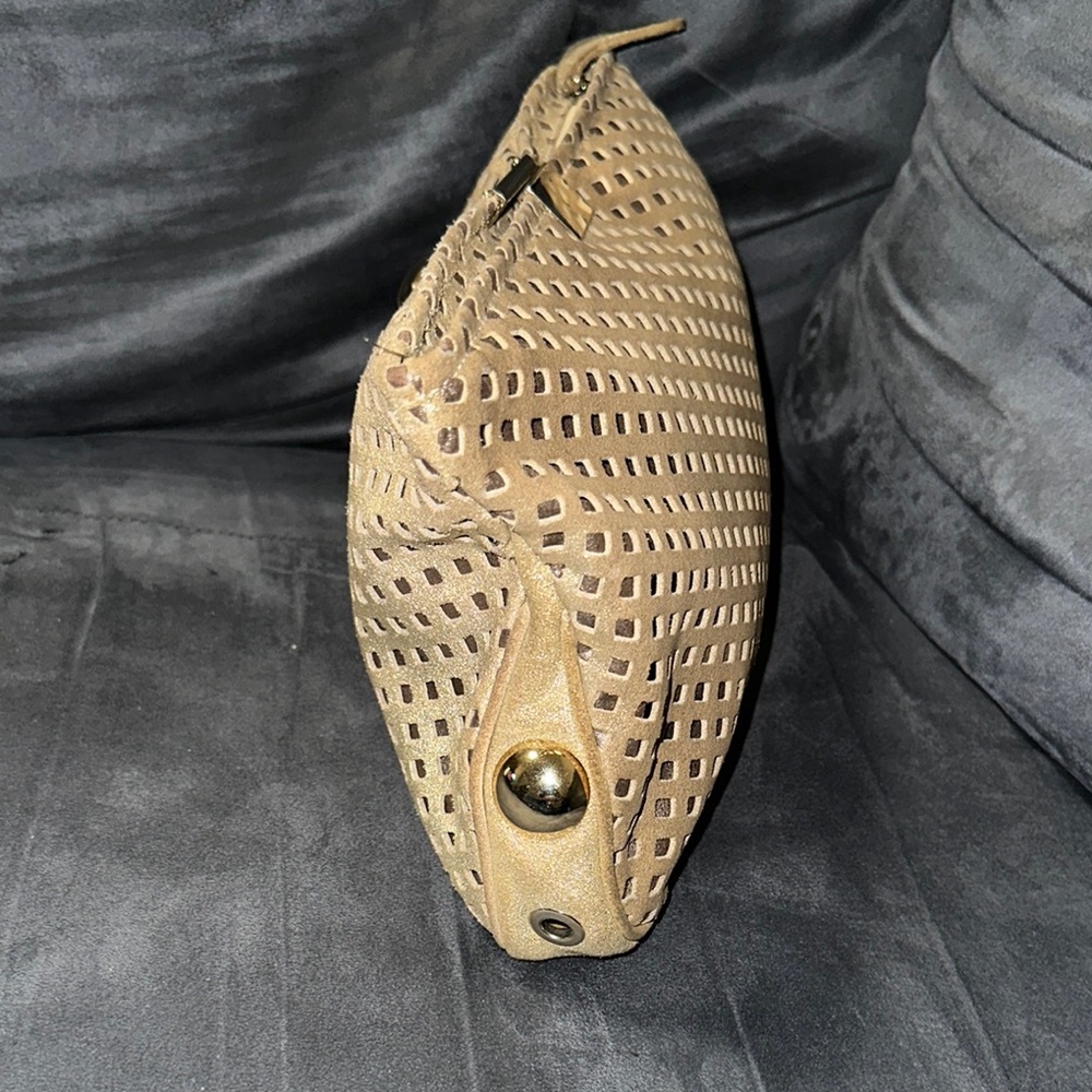 Jimmy Choo Gold Shimmer Perforated Suede Clutch with Gold Hardware - Picture 5 of 5